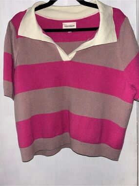 Lucky Brand Pink and Taupe Striped Polo Sweater XXL